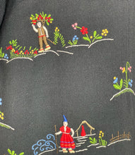 Load image into Gallery viewer, Original 1930's or 1940's Black Linen Blouse with Beautiful Vibrant Embroidery - Bust 38"