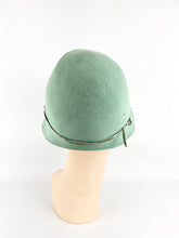 Load image into Gallery viewer, Original 1920’s Soft Green Felt Cloche with Chocolate Brown Velvet Ribbon Trim