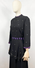 Load image into Gallery viewer, Original Late 1930s or Early 1940s Black Crepe Tunic Dress with Metal Trim - Bust 38 40