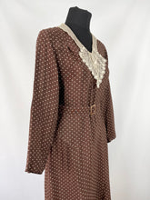 Load image into Gallery viewer, Original 1930s Brown and Cream Crepe Belted Polka Dot Dress with Lace and Chiffon Collar - Bust 34 35