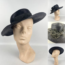 Load image into Gallery viewer, Original 1940's Dark Blue Lacquered Straw Hat with Net Covered Flower Trim by Peter Robinson *