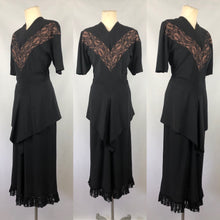 Load image into Gallery viewer, 1940s Black Dress with Lace Overlay and Fishtail Peplum -B38