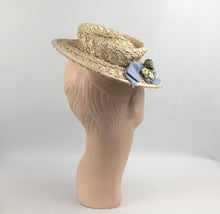 Load image into Gallery viewer, 1940's Cream Lacquered Frances Adams Raffia Hat with Pale Blue Floral Trim *