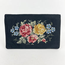 Load image into Gallery viewer, Original 1940's or 1950's Black Fabric Clutch Bag with Embroidered Roses and Flowers