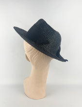 Load image into Gallery viewer, Original 1930s or 1940s Black Straw Hat with Pretty Pink Floral Trim