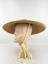 Load image into Gallery viewer, Original 1940s 1950s Tri Colour Conical Straw Hat with Ribbon Tie and Bobble Trim