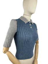 Load image into Gallery viewer, Reproduction 1940’s Hand Knitted Two-Tone Rib Jumper in Grey and Blue with a Neat Collar - Bust 34 36 38 40 42 *