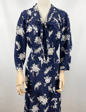 Load image into Gallery viewer, Original 1930s Navy and White Silk Volup Floral Print Dress with Bow Tie Neck - Bust 40 42