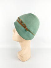 Load image into Gallery viewer, Original 1920’s Soft Green Felt Cloche with Chocolate Brown Velvet Ribbon Trim
