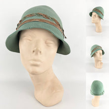 Load image into Gallery viewer, Original 1920’s Soft Green Felt Cloche with Chocolate Brown Velvet Ribbon Trim