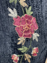 Load image into Gallery viewer, Original 1920's 1930's Black Silk Velvet Scarf with Crewel Work Floral Embroidery - Great Christmas Gift