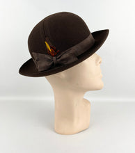 Load image into Gallery viewer, Original 1930's Little Bunty Chocolate Brown Felt Hat with Feather and Grosgrain Trim