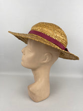 Load image into Gallery viewer, Original 1930's Wide Brimmed Straw Hat with Dusky Pink Grosgrain Trim - Wounded But Wearable