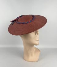 Load image into Gallery viewer, Original Late 1930's or Early 1940's Terracotta Coloured Straw Hat with Air Force Blue Bow Trim *