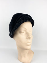 Load image into Gallery viewer, Original 1950s Inky Black Felt Skull Cap with Glass Beads - Lovely Vintage Hat
