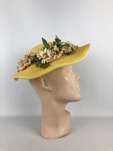 Load image into Gallery viewer, Original 1940s or 1950s Yellow Straw Hat with Wavy Brim and White and Green Floral Trim