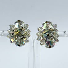 Load image into Gallery viewer, Vintage 1950's Aurora Borealis Faceted Clear Glass Clip-on Earrings on Silvertone Clips