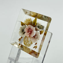 Load image into Gallery viewer, Original 1940s 1950s Reverse Carved Square Shaped Lucite Brooch with a Cluster Flowers in a Vase