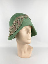 Load image into Gallery viewer, Original 1920s Soft Green Felt Cloche Hat with Wonderful Green and Pink Applique