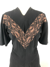 Load image into Gallery viewer, 1940s Black Dress with Lace Overlay and Fishtail Peplum -B38