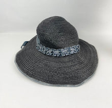 Load image into Gallery viewer, Utterly Charming 1920s 1930s Black Straw Hat with Blue Velvet Trim