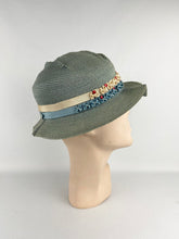 Load image into Gallery viewer, Original 1930's Blue Green Straw Hat with Grosgrain and Glass Bead Trim