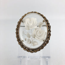 Load image into Gallery viewer, Original French 1950s Reverse Carved Lucite Brooch with White Roses in a Metal Frame