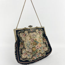 Load image into Gallery viewer, 1920s 1930s Petit Point Black Floral Evening Bag with Gem Set Frame