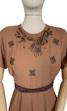 Load image into Gallery viewer, Original 1940’s Cafe Au Lait Crepe Dress with Bronze Beading - Perfect For Day or Evening Wear - Bust 36