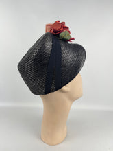 Load image into Gallery viewer, Original Navy Blue Straw Hat by Webflex with Huge Double Rose Trim