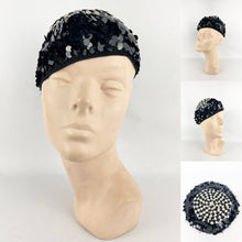 Load image into Gallery viewer, Original 1920's 1930's Black and White Crochet Beret - Cap with Sequin Trim *