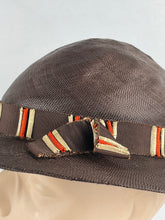 Load image into Gallery viewer, Original 1930s American Made Fine Brown Straw Summer Hat with Cream, Brown and Rust Grosgrain Trim *