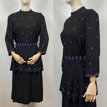 Load image into Gallery viewer, Original Late 1930s or Early 1940s Black Crepe Tunic Dress with Metal Trim - Bust 38 40
