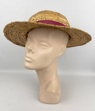Load image into Gallery viewer, Original 1930's Wide Brimmed Straw Hat with Dusky Pink Grosgrain Trim - Wounded But Wearable