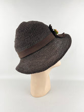 Load image into Gallery viewer, Original Late 1920's or Early 1930's Dark Brown Straw Cloche Hat with Grosgrain Trim *