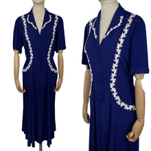 Load image into Gallery viewer, Original 1940's French Navy Crepe Day Dress with White Applique Trim - Bust 44