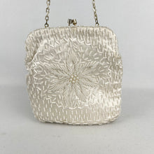 Load image into Gallery viewer, Charming Vintage Frankel & Roth Cream Satin Evening Bag with Glass Bead and Faux Pearl Decoration