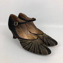 Load image into Gallery viewer, Original 1930s Black Satin Dance Shoes with Gold Trim and Paste Buckle Size 3 3.5