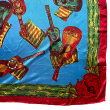 Load image into Gallery viewer, Vintage Artificial Silk Scarf in Bright Blue and Covered with Guitars and Sheet Music - Great Turban or Headscarf