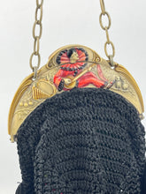 Load image into Gallery viewer, Original 1920's French Made Antique Crochet Bag with Celluloid Frame Decorated with Pierrot, Owls and Musical Instruments