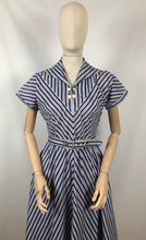 Load image into Gallery viewer, 1940s 1950s Navy and White Stripe Dress By Norman Hartnell for Berkertex - Bust 36 38