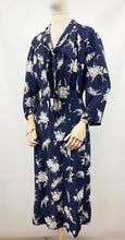 Load image into Gallery viewer, Original 1930s Navy and White Silk Volup Floral Print Dress with Bow Tie Neck - Bust 40 42