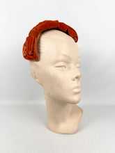 Load image into Gallery viewer, RESERVED Original 1950’s Rust Cotton Velvet Half Hat with Double Bow Trim - Perfect for Autumn