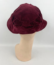 Load image into Gallery viewer, Original 1930’s Burgundy Cotton Velvet Hat - Neat Little Bonnet Shape