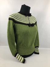 Load image into Gallery viewer, Reproduction 1930s Hand Knitted Jumper in Soft Green with Brown and Cream Stripes B 35" 36" 37"