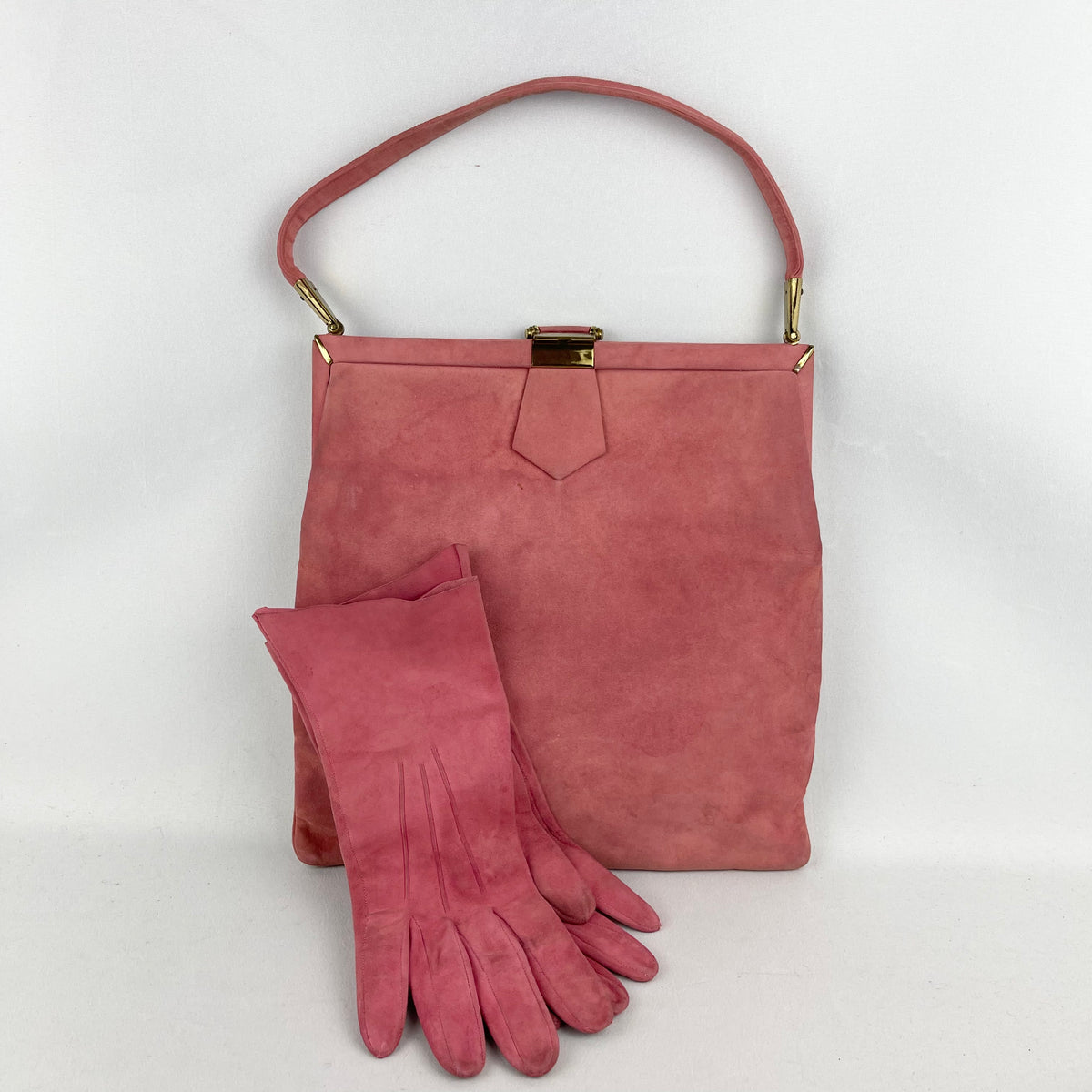 Vintage Milore Dusky Pink Suede Matching Bag and Gloves Set