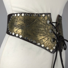 Load image into Gallery viewer, Original Vintage Brown Leather and Metal Laced Waist Cincher Belt - Steam Punk - Waist 27"