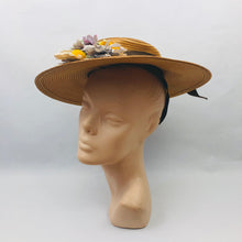 Load image into Gallery viewer, 1940s Wide Brimmed Straw Hat with Floral Trim