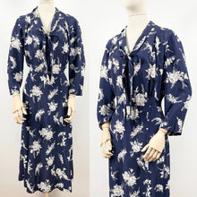 Load image into Gallery viewer, Original 1930s Navy and White Silk Volup Floral Print Dress with Bow Tie Neck - Bust 40 42