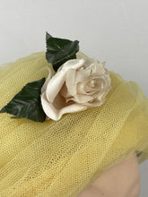Load image into Gallery viewer, Original 1950's 1960's Yellow Net Hat with Rose Floral Trim - "A Jan Dec Hat"